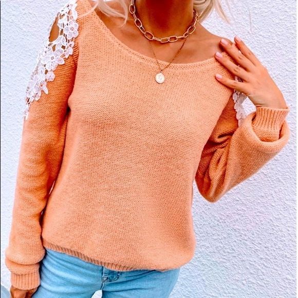 NWT! SCOOP NECK CONTRAST LACE CUT OUT SLEEVE DETAIL SWEATER IN LIGHT ORANGE 🍊! - Picture 4 of 13